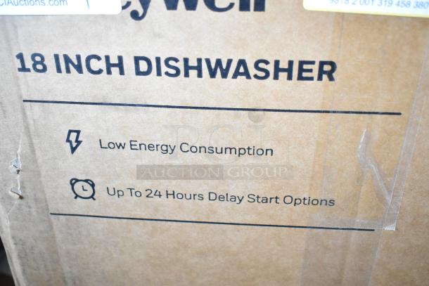 Alt text: Honeywell HDS18SS 18-inch dishwasher box with energy-saving and delay start features. Brand new, scratch and dent condition.