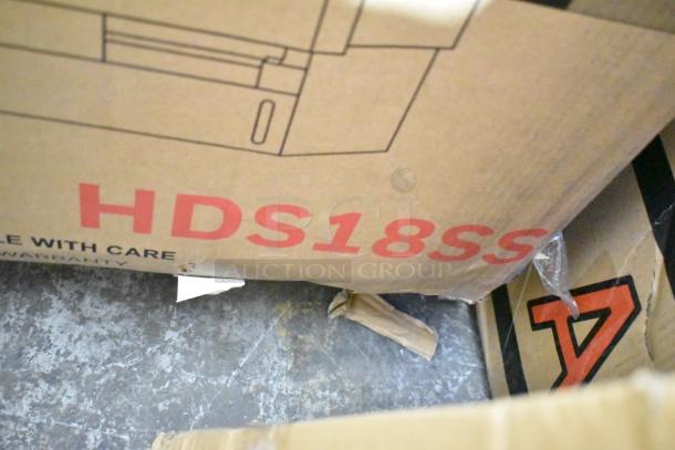 Honeywell HDS18SS 18-inch dishwasher box, scratched and dented. Features 8 place settings, 6 programs, stainless steel tub, UL/Energy Star certified.