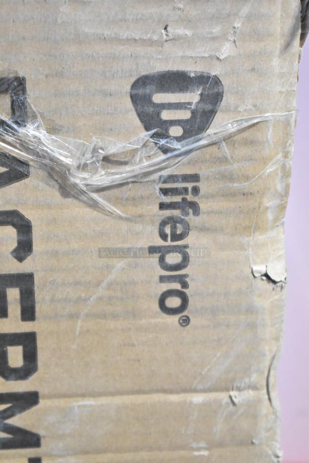 Brown cardboard box for LifePro Pacer Mini Pro Walking Pad with visible scratches and dents, brand logo shown.