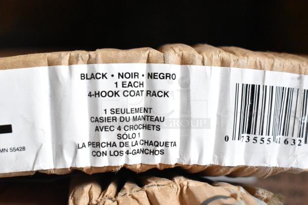 New Safco 4163BL Black Metal Coat Rack, 21"x21"x70", with 4 ball-tipped double hooks. Label shows "4-Hook Coat Rack".