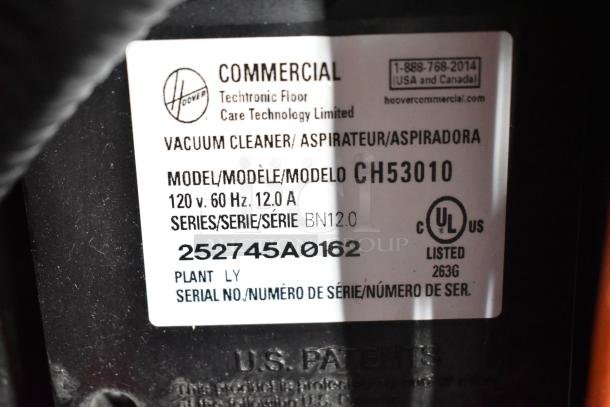 Hoover CH53010 Vacuum Cleaner label showing model details, 120 volts, 1 phase, and serial No. 252745A0162.