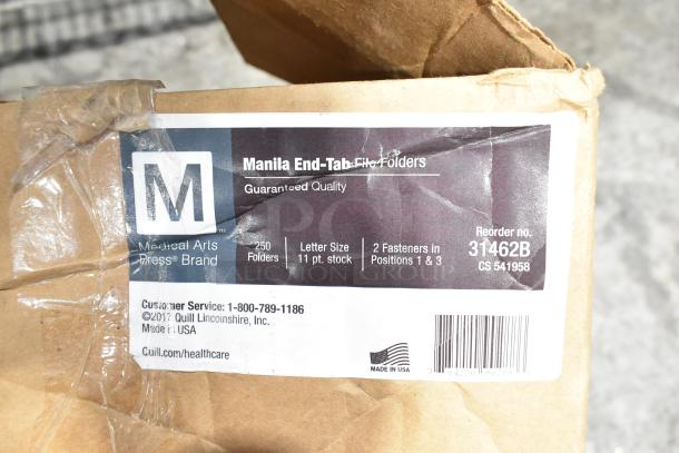 Cardboard box labeled "Manila End-Tab File Folders," 250 folders, Medical Arts Press brand, USA-made. Reorder 31462B.