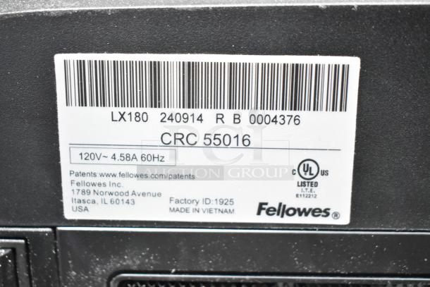 Fellowes Powershred LX180 shredder label showing model LX180, CRC 55016, 120V, UL listed, made in Vietnam.