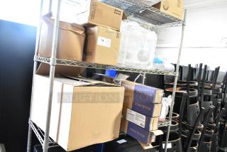 Two-tier shelf with Diversey cleaners, Gojo Foam Handwash, Ajax Cleaner, boxed and stacked, includes labels and markings.