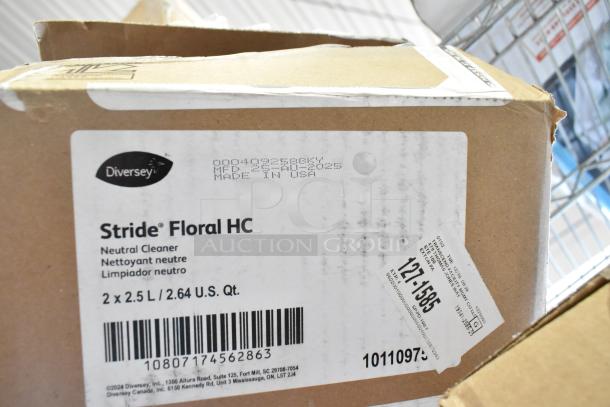 Brown box labeled Diversey Stride Floral HC Neutral Cleaner, 2 x 2.5L, made in USA, with barcode and product info.