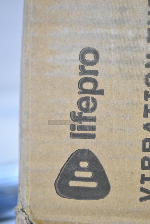 Brown box with "lifepro" logo, contains LifePro LP-HXPLTL-BLU Hexaplate Lite Vibration Plate. New, minor scratches.