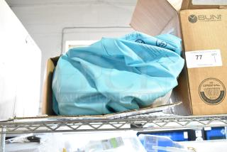 Intex Dura Beam Airbed Advantage, deflated, blue, in open cardboard box. No visible damage or wear.