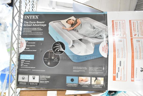 Intex Dura Beam Airbed Advantage packaging, showcasing features like Fiber-Tech construction, improved durability and comfort.