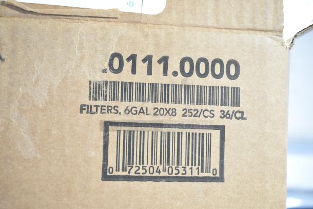 Cardboard box labeled "Bunn 0111.0000 Filters," features barcode, 6GAL capacity, 20x8 dimensions, 252 per case.
