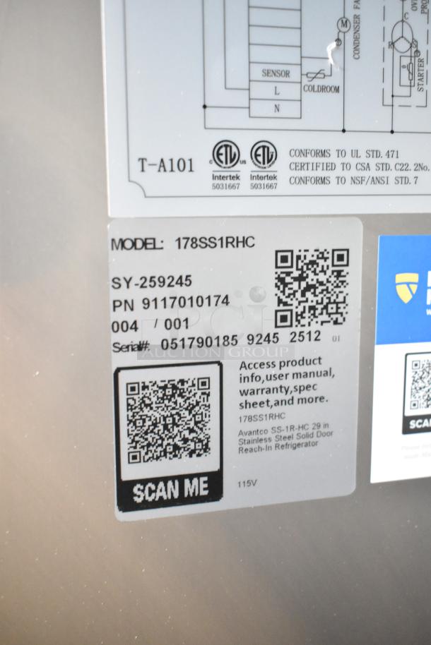 Label on 2025 Avantco 178SS1RHC Commercial Single Door Reach-In Cooler showing model, serial number, and QR code for product info.