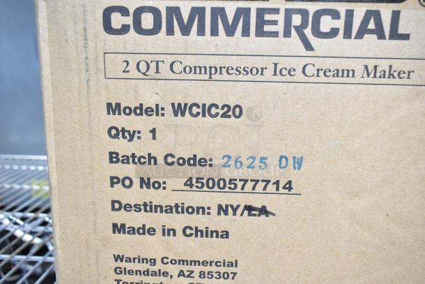 Box for new Waring WCIC20 2 Qt. Compressor Ice Cream Maker, showing model, batch code, PO number, and origin.