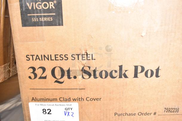 Vigor SS1 Series 32 Qt. Stock Pot with cover, stainless steel, aluminum-clad, new condition, visible box dent.