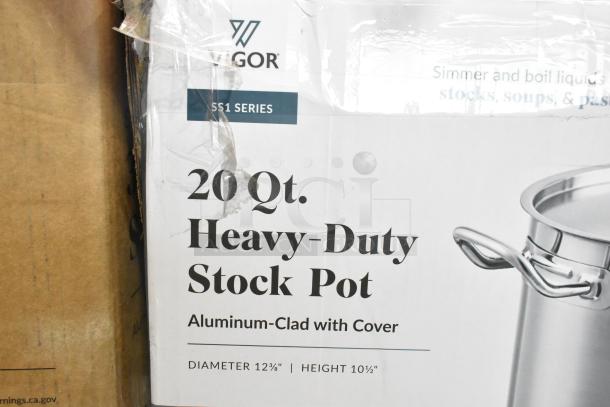 Vigor SS1 Series 20 Qt. Heavy-Duty Stock Pot, aluminum-clad, new with cover, slight box damage, 12⅜" diameter, 10½" height.