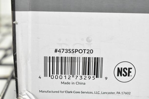 Barcode and label on Vigor SS1 Series 20 Qt. Stock Pot packaging, showing #473SSPOT20, NSF certification, and made in China.