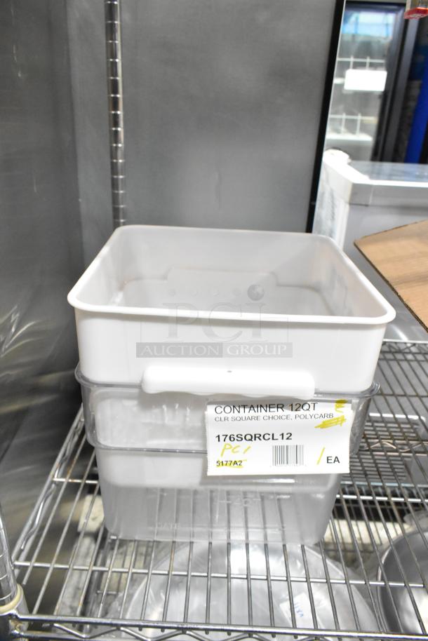 Plastic food container, 12-quart capacity, clear polycarbonate. Label reads "CONTAINER 12QT CLR SQUARE CHOICE, 176SQRCL12."