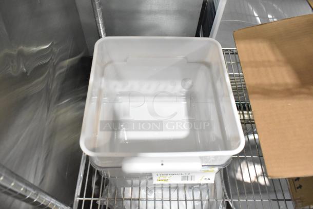 10 brand new scratch and dent kitchen items, including bowls, food containers, basting cover, and sediment trays.