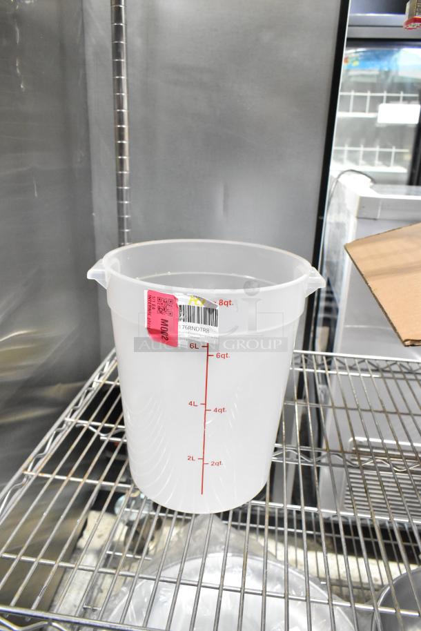 Brand new 8-quart plastic container, scratch and dent condition, with measurement markings. Tags indicate "N002."