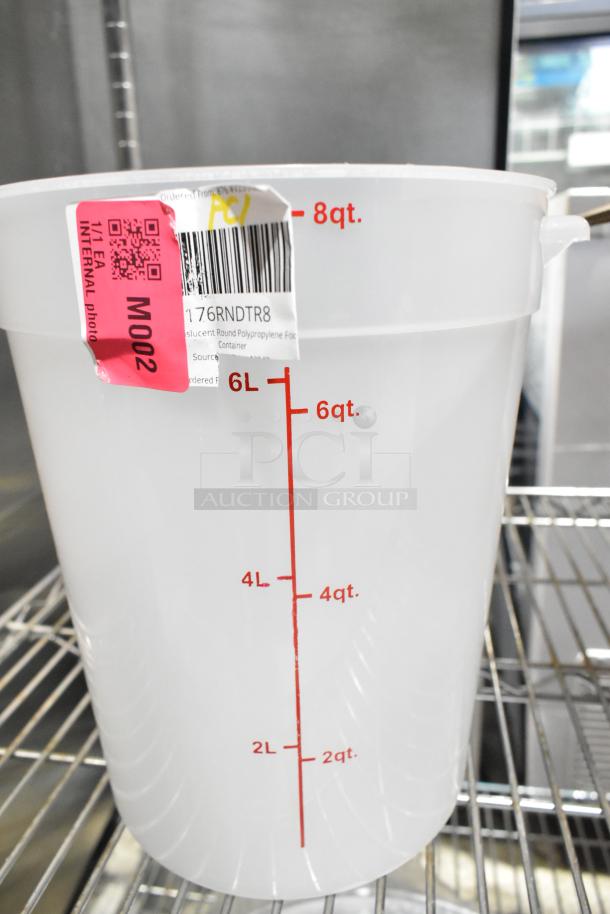 Scratch and dent translucent 8-quart polypropylene food container with red measurements and barcode label.