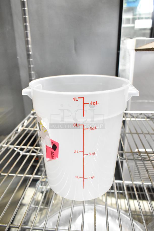 Plastic container with red volume markings, 4L/4qt capacity, new condition, scratch and dent label visible.