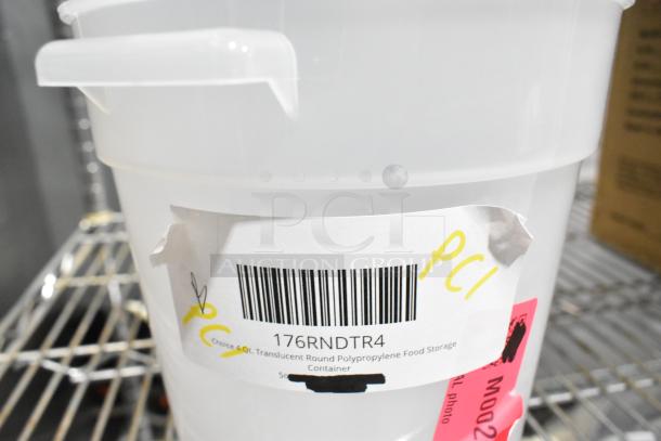 Translucent 4 qt polypropylene food storage container with label barcode 176RNDT4, noted as PCI. Part of 10 scratch and dent items.