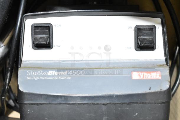 2 Vita-Mix TurboBlend 4500 blenders, VM0102/VM0103 models, without lids. 120 volts, 1 phase. Slight wear on casing.