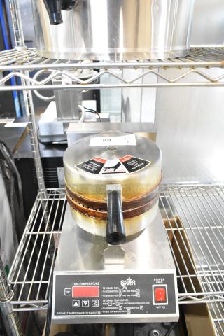 Star SWCBE countertop waffle cone maker, 120V, 1-phase, with temperature controls, moderate wear, on stainless steel base.