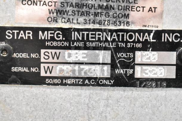 Star SWCBE Countertop Waffle Cone Maker label showing model SWCBE, 120 volts, 1320 watts.