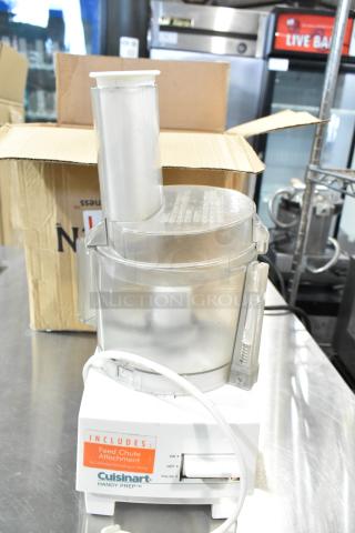 Cuisinart HandyPrep 3 Cup Food Processor with feed chute attachment, white base, 120 volts, in good condition.