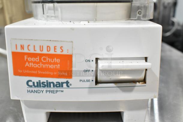 Cuisinart HandyPrep 3 Cup Food Processor, used, includes feed chute attachment, 120 volts, 1 phase, white exterior.