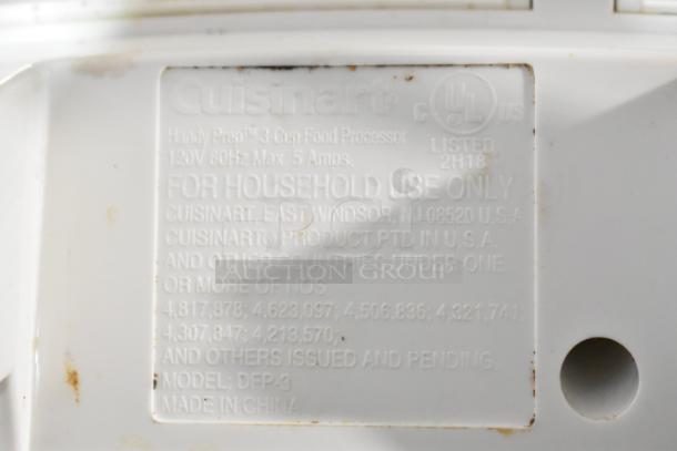 Cuisinart HandyPrep 3 Cup Food Processor label detailing 120V, 60Hz, 5A. Model DFP-3. Made in China. For household use only.