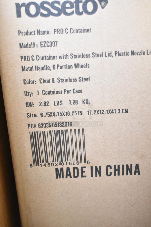 Box with label showing Rosseto EZC007 Pro C Container details; new, stainless steel lid, plastic nozzle, 6 portion wheels.