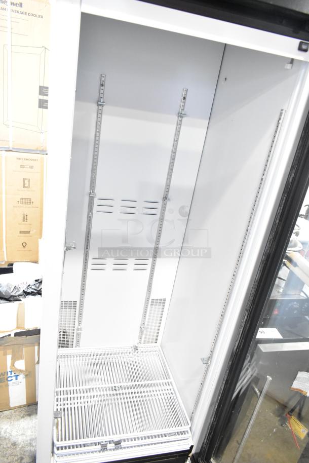 2019 Habco SE18 commercial single door cooler, 115V, 1 phase, reach-in design, white interior, shelf brackets visible.