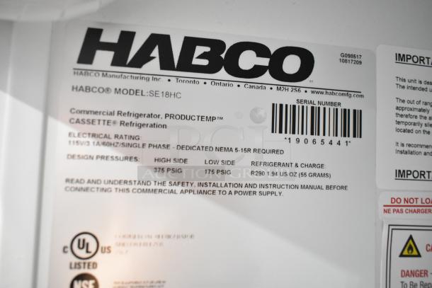 2019 Habco SE18 cooler label showing model, electrical rating, and refrigerant details. Single door, 115V, 1 phase.