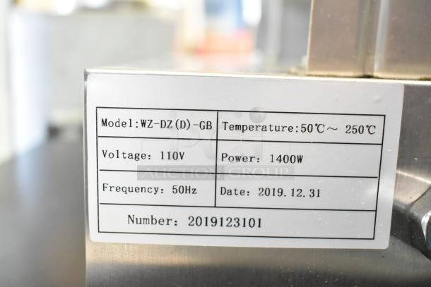 2019 WZ-DZ(D)-GB Commercial Countertop Waffle Bites Maker, 110V, 1400W, temperature 50–250°C, model details plaque shown.