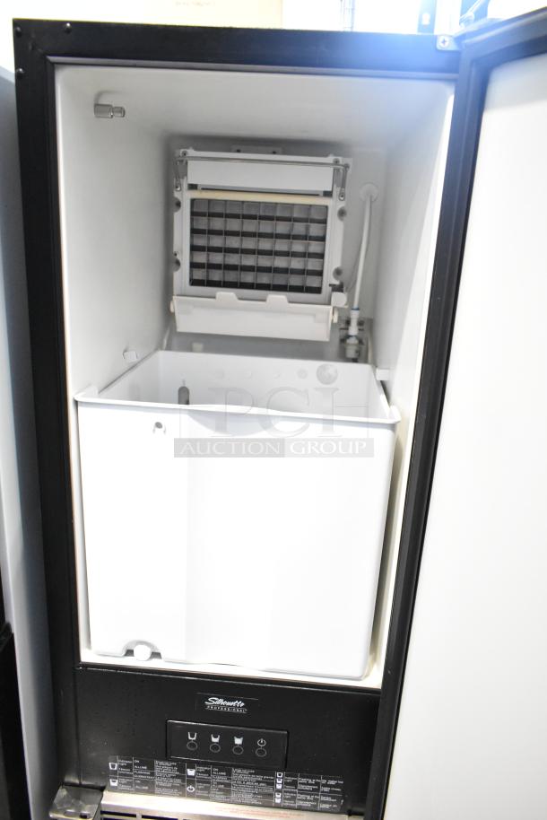 Danby DIM32D1BSSPR undercounter ice maker, 15-inch, 32 lbs daily production, 25 lbs storage, three cube sizes, built-in drain pump.