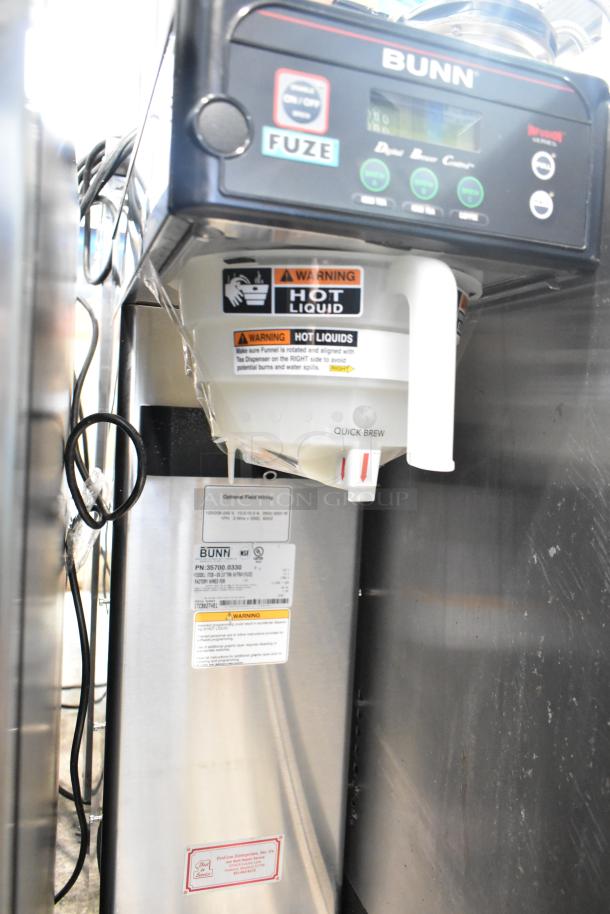 Bunn ITCB-DV Commercial Countertop Iced Tea Machine, model ITCB-DV, 120 Volts. Features labels for hot liquid warnings.