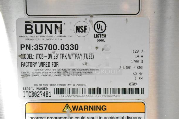 Bunn ITCB-DV Commercial Iced Tea Machine label showing model, voltage, power, and safety certifications.