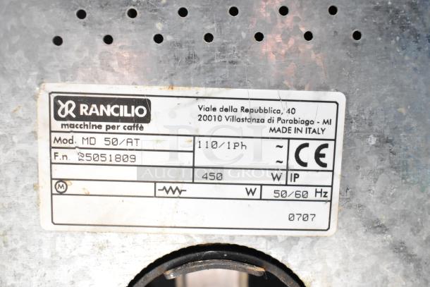 Rancilio MD 50/AT espresso bean grinder label, showing model, F.n. 25051809, 110V, 450W, made in Italy.