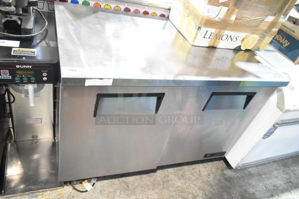 True TUC-48 Commercial 2 Door Undercounter Cooler, stainless steel, 115V, 1 phase, excellent condition, visible model label.