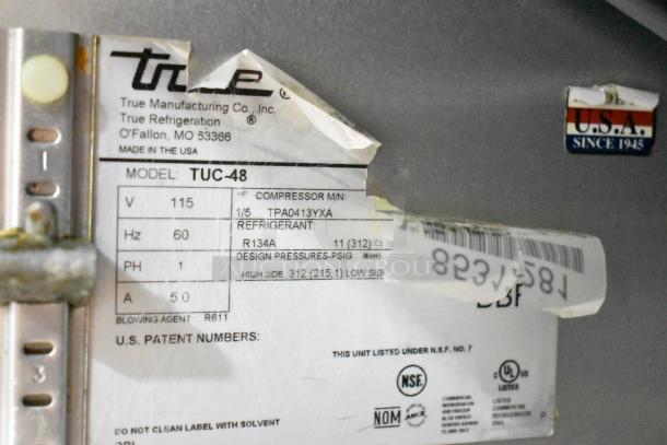 True TUC-48 commercial undercounter cooler label, 115 volts, single phase, R134A refrigerant, NSF certified.
