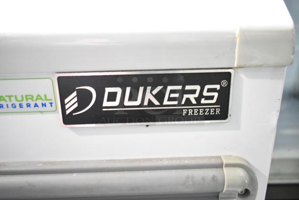Dukers WD-700Y Commercial Chest Freezer Merchandiser, white, 115V, 1 Phase, Dukers logo visible, natural refrigerant label.