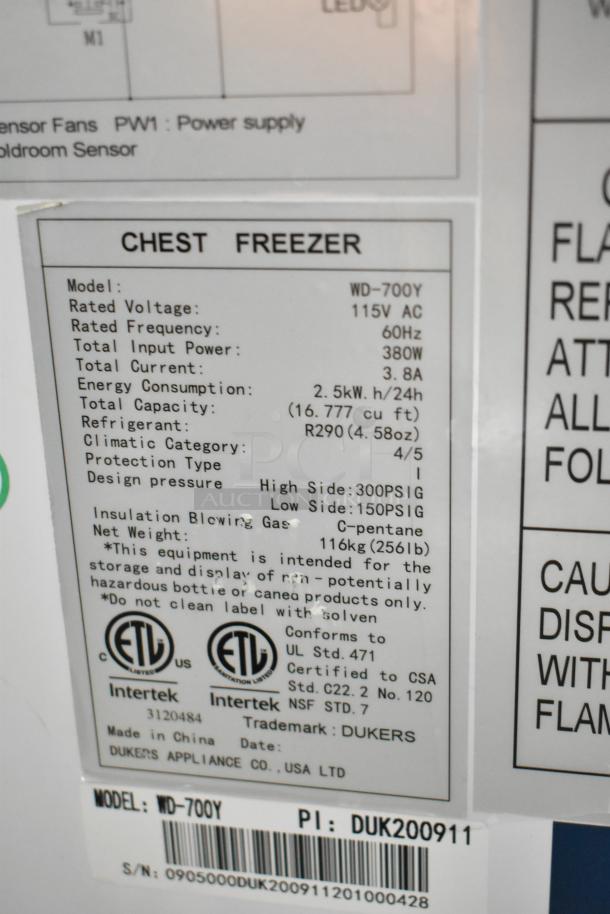 Dukers WD-700Y Commercial Chest Freezer, 115V, 1 Phase. Features 16.777 cu ft capacity, R290 refrigerant, ETL certified.