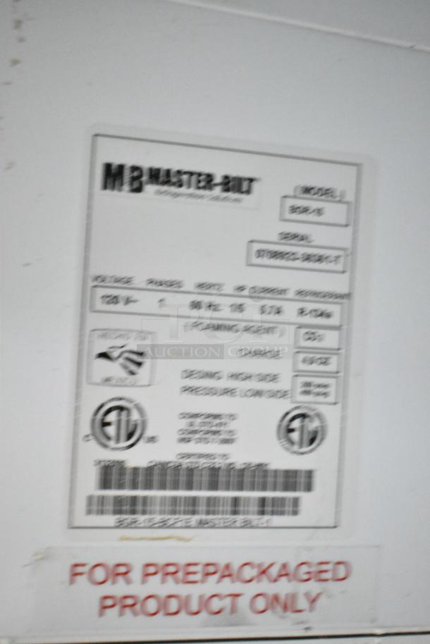 Master-Bilt BGR-15 commercial cooler label, showing model, voltage (115V), 1 phase, serial number, and certification marks.