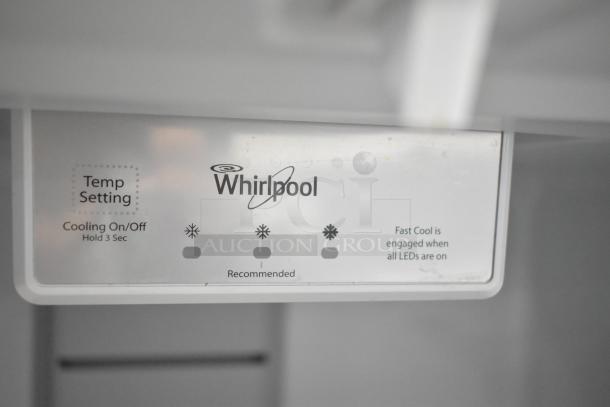 Whirlpool WRR56X13FW02 cooler control panel shows temp settings and Fast Cool LED indicators. Model tag visible.