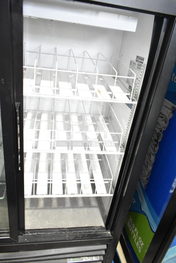 True GDM-41SL-60-HC-LD commercial 2-door reach-in cooler merchandiser, 115 volts, 1 phase, interior shelving.