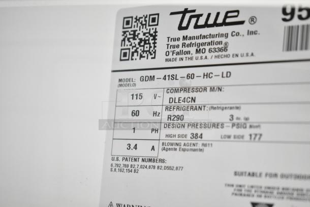 True GDM-41SL-60-HC-LD cooler label showing model, 115V, 60Hz, R290 refrigerant, and compressor details.