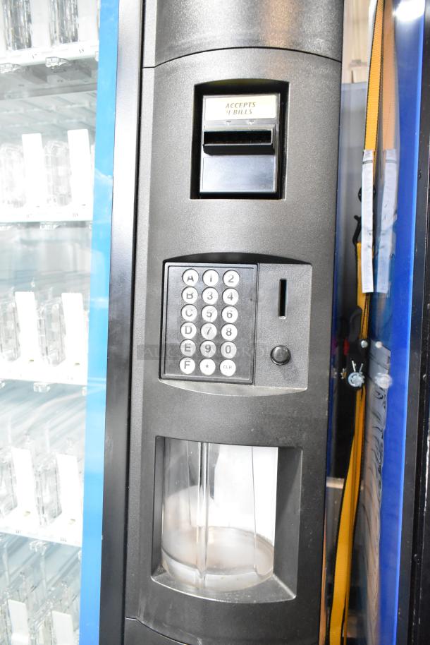 Crane 5800-4 metal vending machine with bill acceptor, keypad, and visible drink slots. 115V, 1 Phase, commercial use.