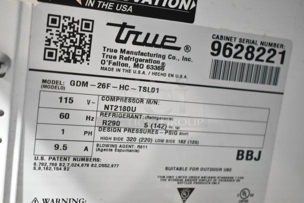 Label for 2019 True GDM-26F-HC cooler. Model: GDM-26F-HC. 115V, 60Hz, 1 Phase. Serial: 9628221. Refrigerant: R290.