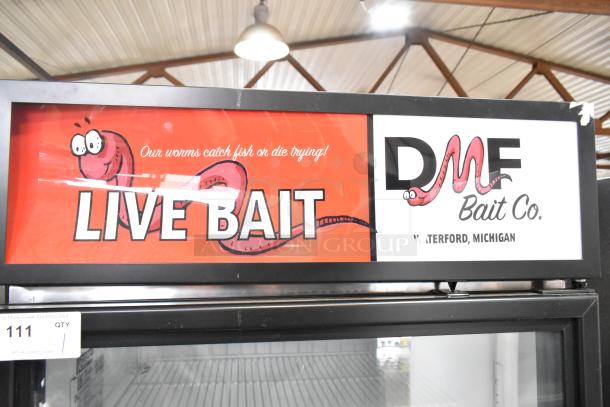 2019 True GDM-26F-HC cooler merchandiser with live bait signage, good condition, 115V, 1 phase, single door display.