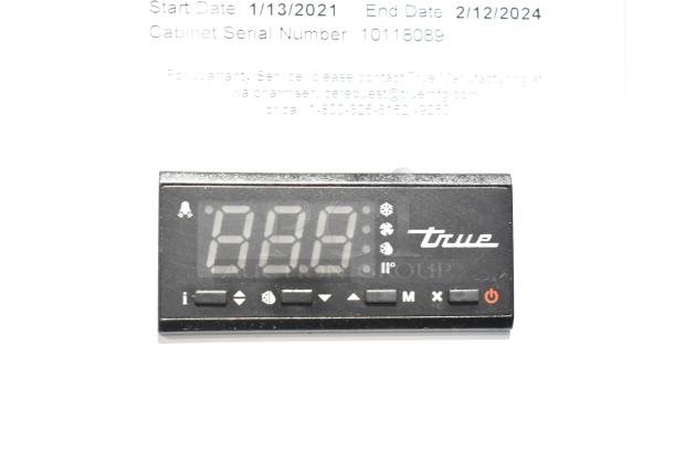 Digital control panel of 2021 True TSCI-600R-G-PH Cooler Merchandiser. Brand logo and temperature display visible.
